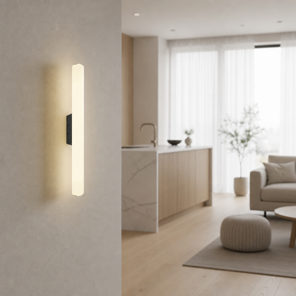 Warm vertical wall sconce on a beige wall in a softly lit modern living space.