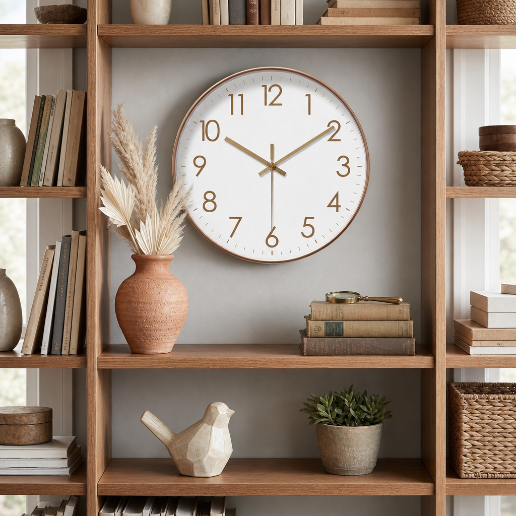 Round white wall clock with gold numbers and hands on a wooden shelf.
