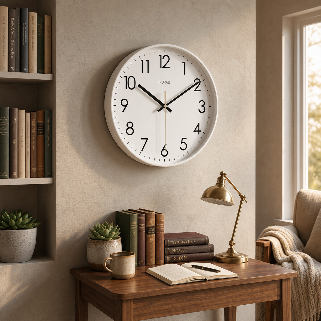 White round wall clock above a wooden desk in a cozy reading nook.