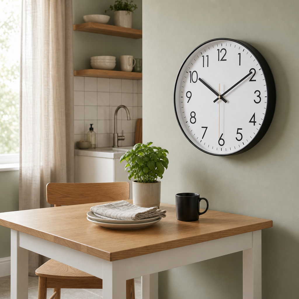 Black-rimmed white wall clock above a wooden kitchen table.