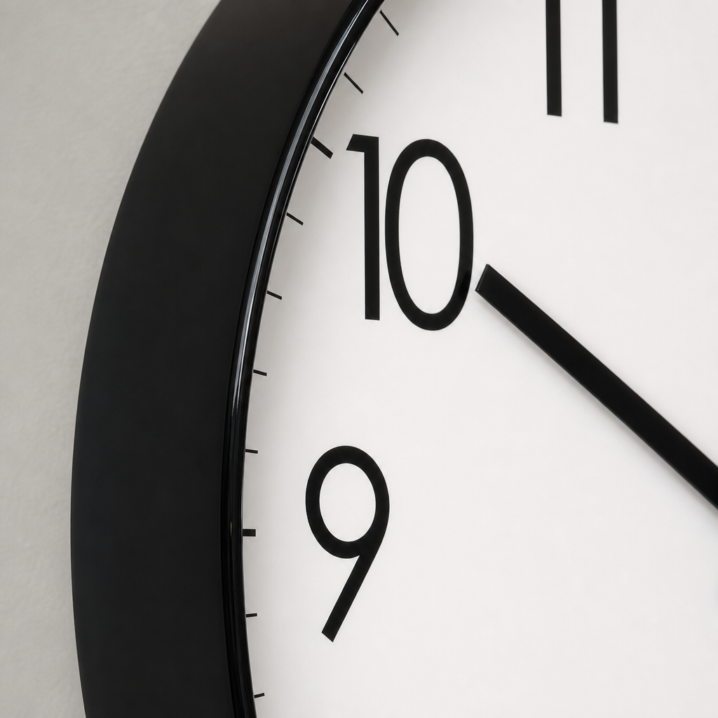 Close-up of a black-framed analog wall clock with a white face and bold black numerals.