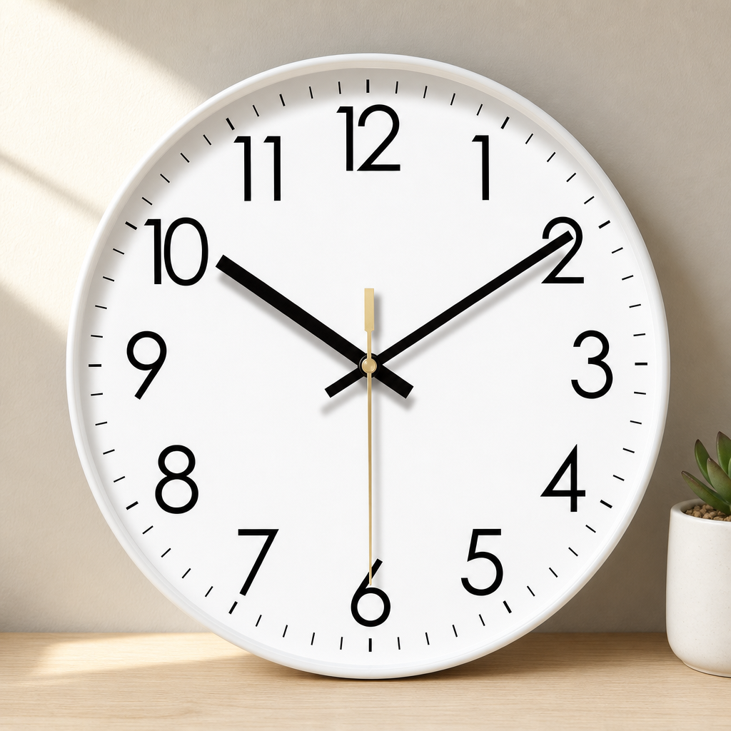 White round wall clock with black numbers and hands on a light wooden shelf.