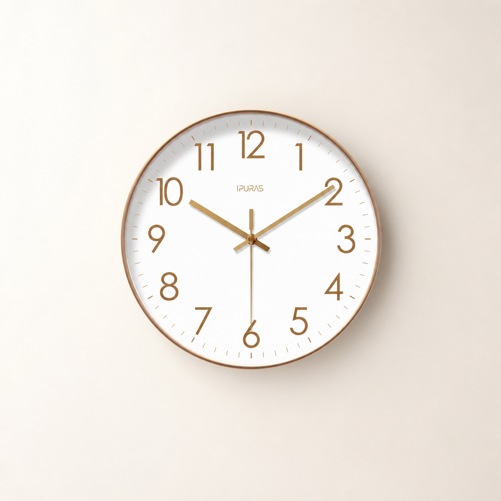 Round white wall clock with gold numerals and hands on a pale neutral background.
