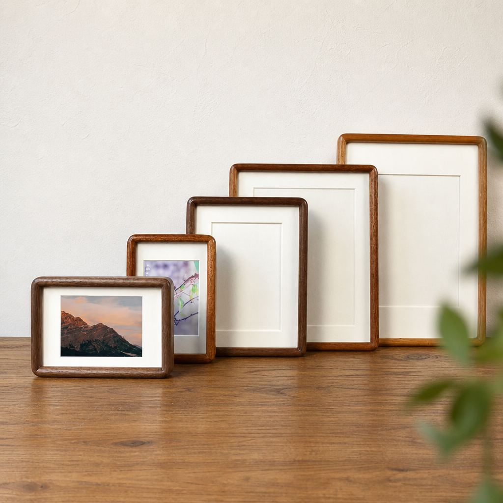 Five wooden picture frames arranged on a wooden tabletop.