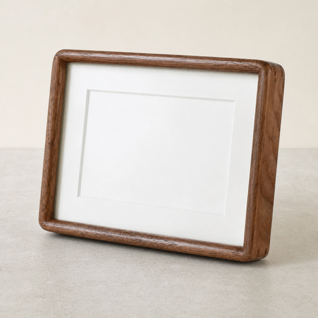 Wooden photo frame with white mat leaning on a light tabletop.