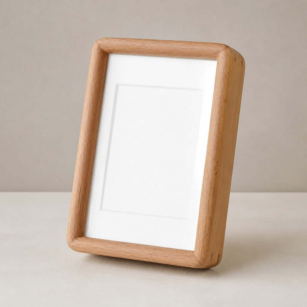 Light wooden picture frame with a blank white mat leaning on a pale tabletop.
