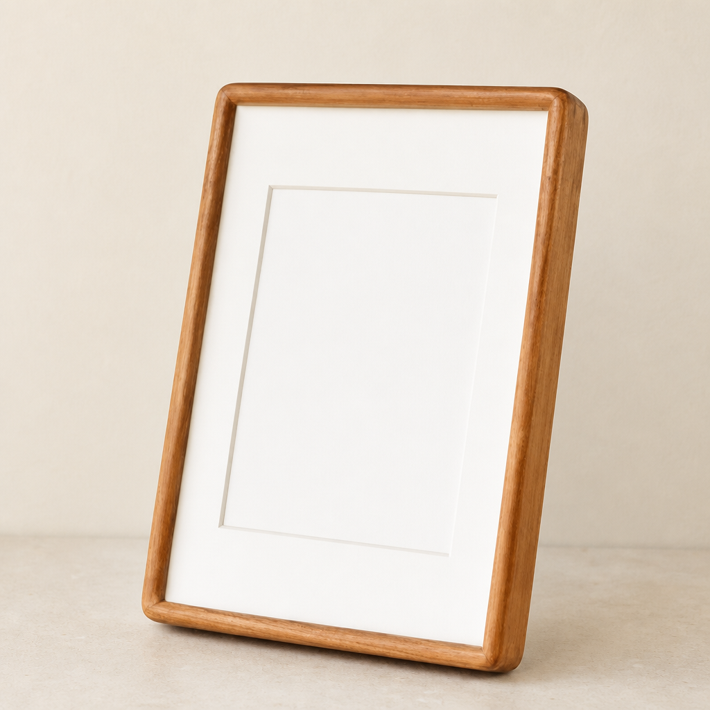 Wooden picture frame with white mat leaning on a neutral tabletop.