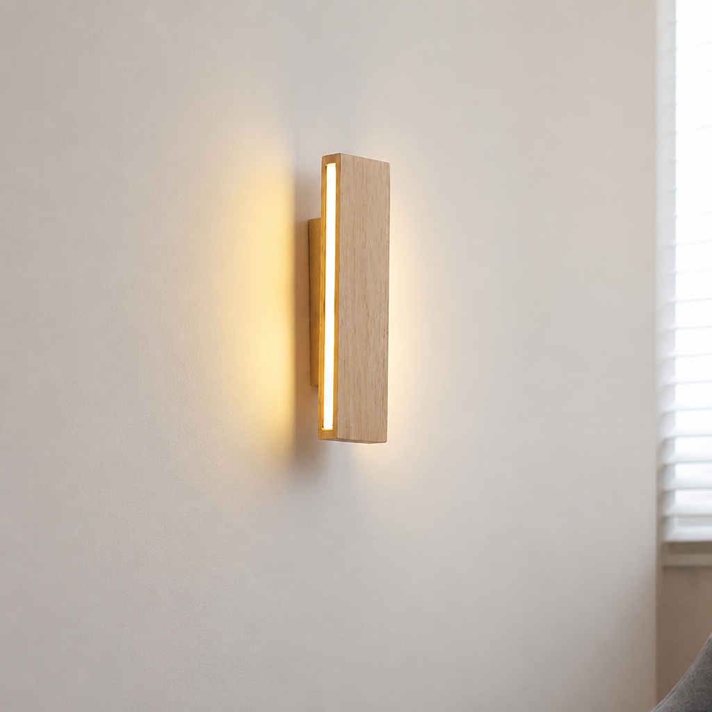 Wooden wall sconce with a vertical warm light strip mounted on a plain white wall.
