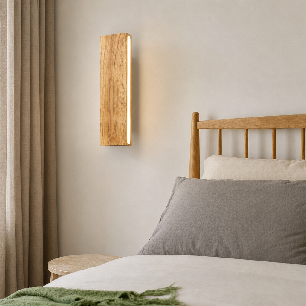 Rectangular wooden wall sconce glowing beside a neutral bed.