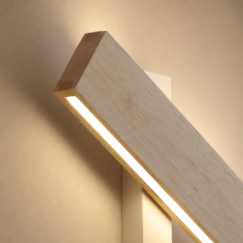 Wooden wall lamp with a glowing acrylic strip on a warm neutral wall.