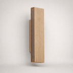 Vertical rectangular wooden wall sconce with a narrow gray inset panel on a plain light background.