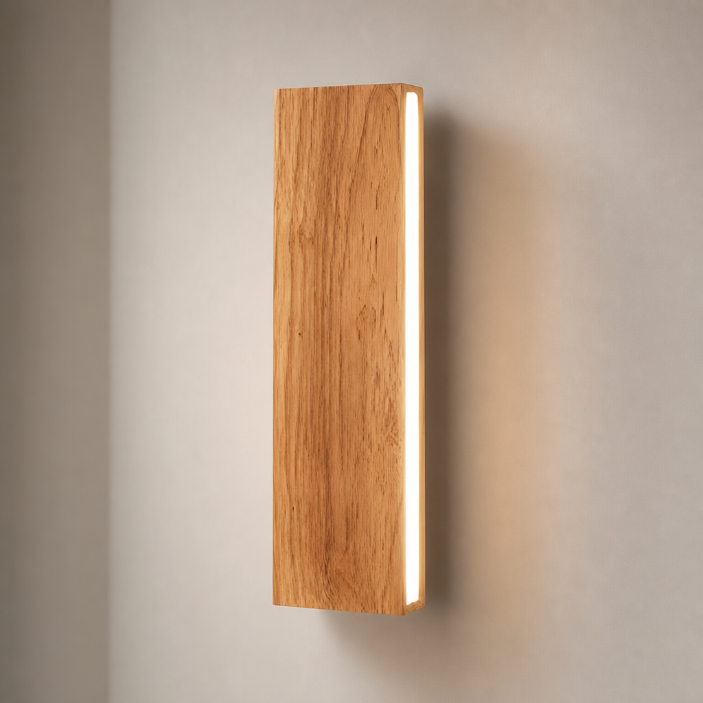 Vertical wooden wall light with a bright white side strip on a soft gray wall.
