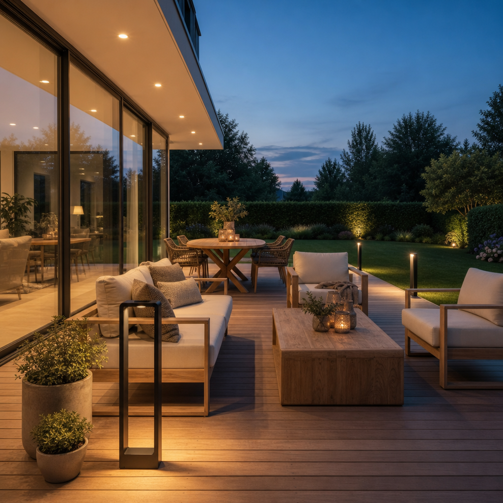 Modern black outdoor bollard light glowing on a wooden patio beside lounge seating.