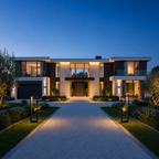 Modern two-story luxury home with glass balconies, warm lighting, landscaped gardens, and a broad driveway.