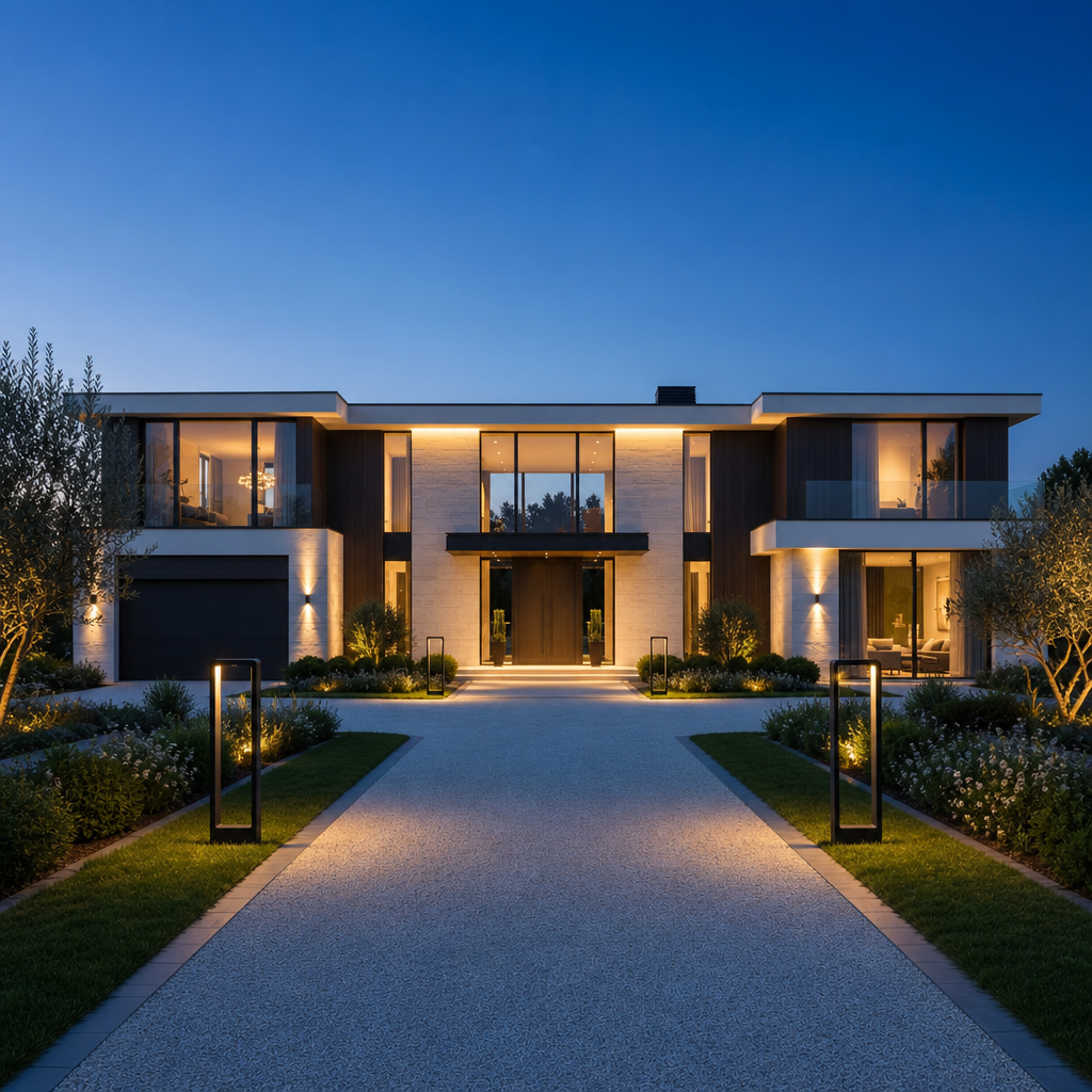 Modern two-story luxury home with glass balconies, warm lighting, landscaped gardens, and a broad driveway.