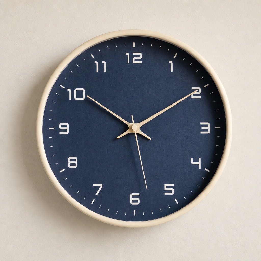 Navy blue round wall clock with cream rim and white numerals on a light wall.