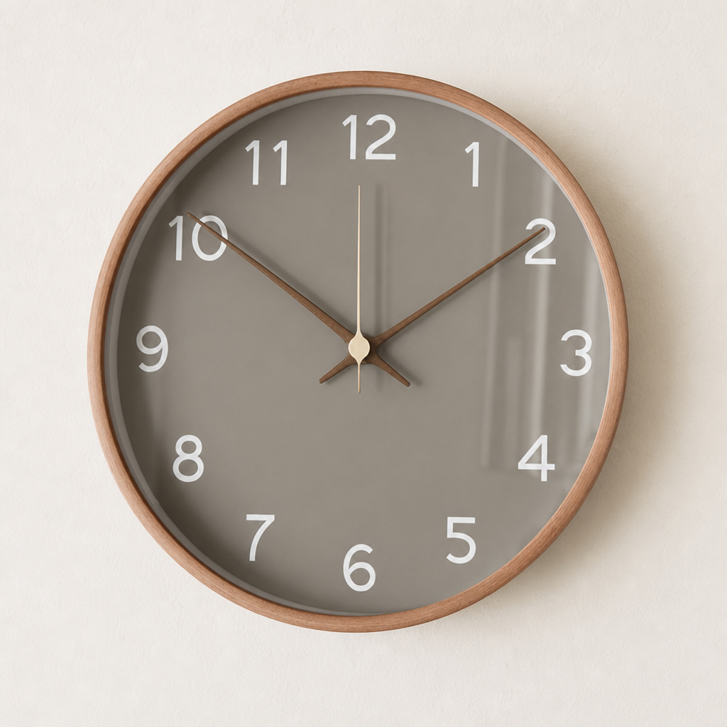 Round wall clock with taupe face, white numerals, copper rim, and slim hands on a light wall.