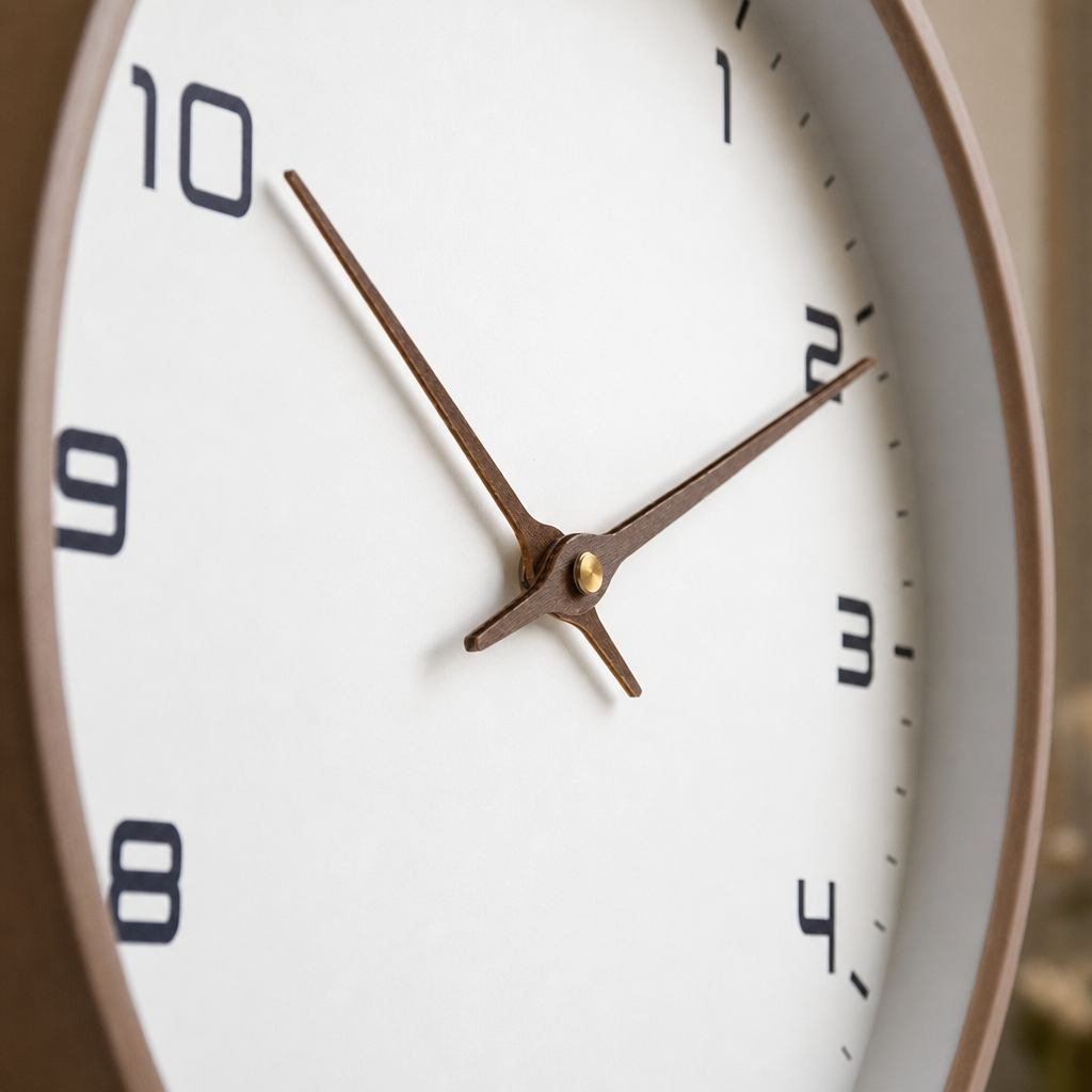 Close-up of a minimalist round wall clock with bronze hands and dark numerals.