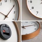 Copper-rimmed white wall clock shown in four close-up product detail views.