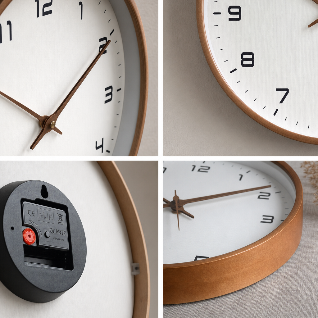 Copper-rimmed white wall clock shown in four close-up product detail views.