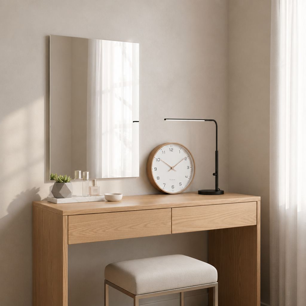 Light oak vanity desk with mirror, stool, black lamp, clock, plants, and perfume in a soft neutral bedroom.