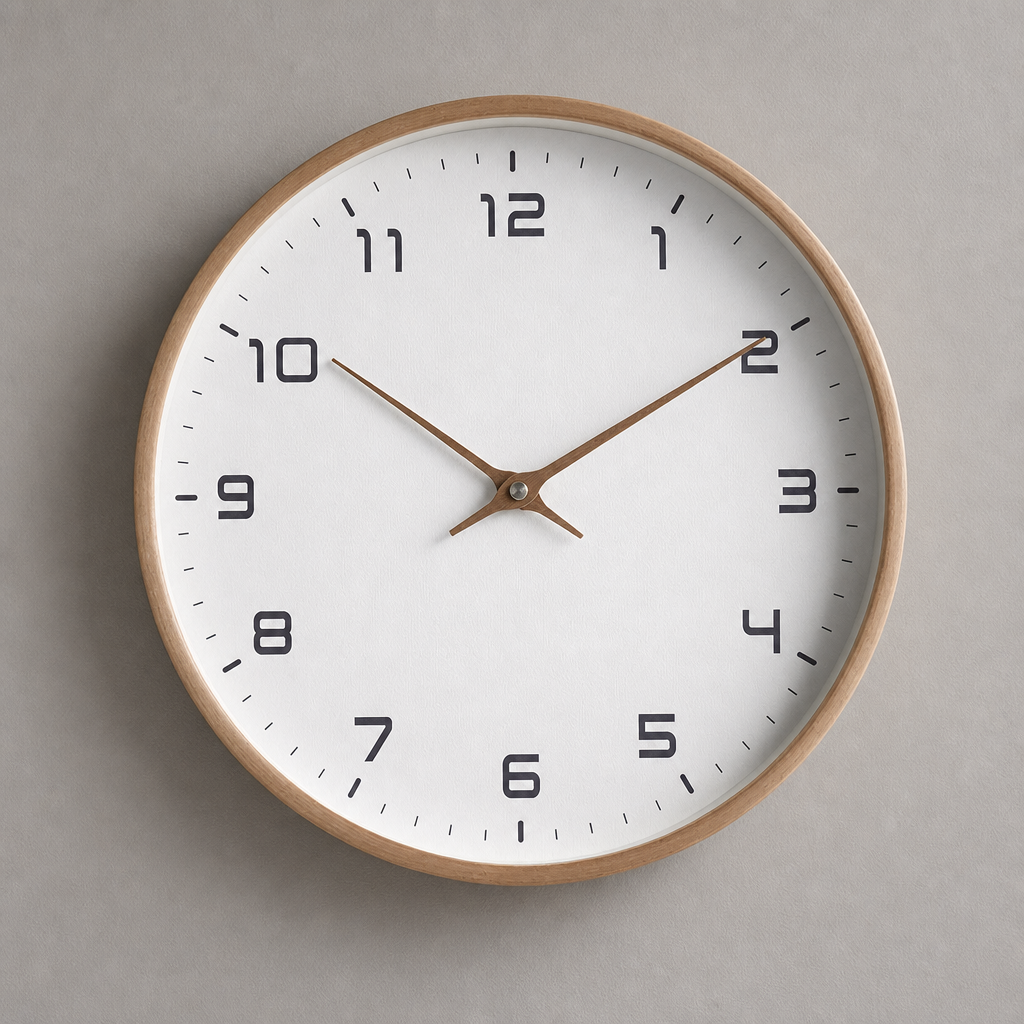 Round wall clock with wood rim, white face, black numerals, and brown hands.