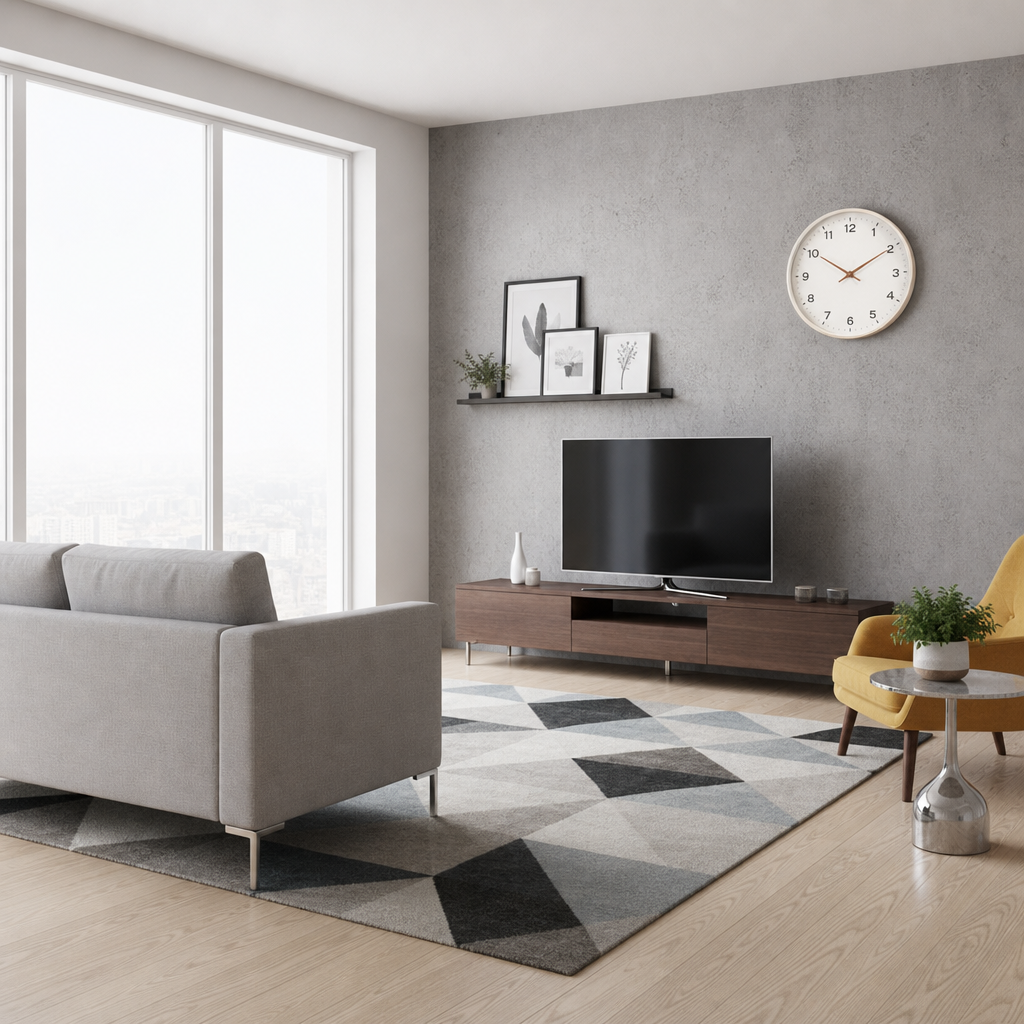 Modern living room with gray sofa, TV console, yellow chair, patterned rug, and wall clock.