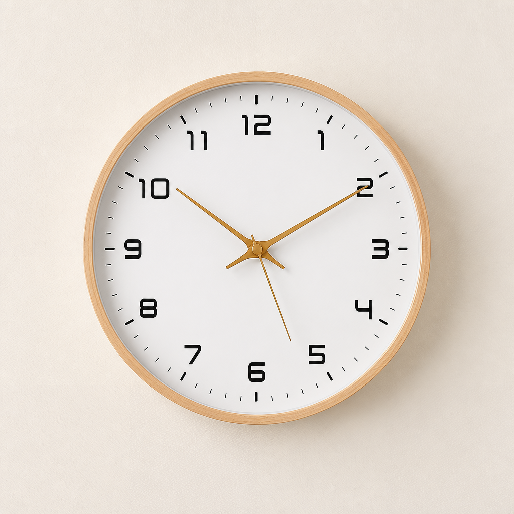 Round wood-rimmed wall clock with black numerals and gold hands on a pale wall.