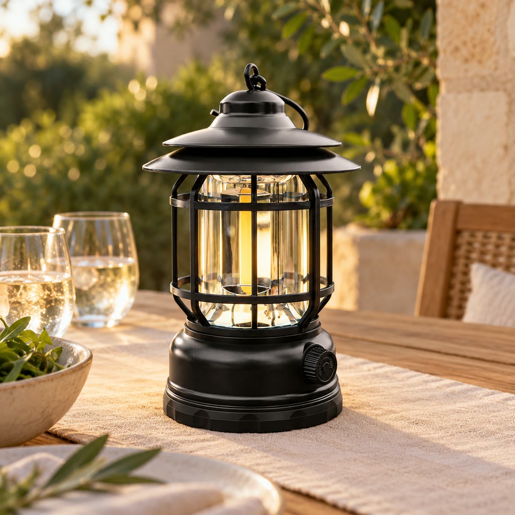Black lantern on a verandah dining table on a summer evening.