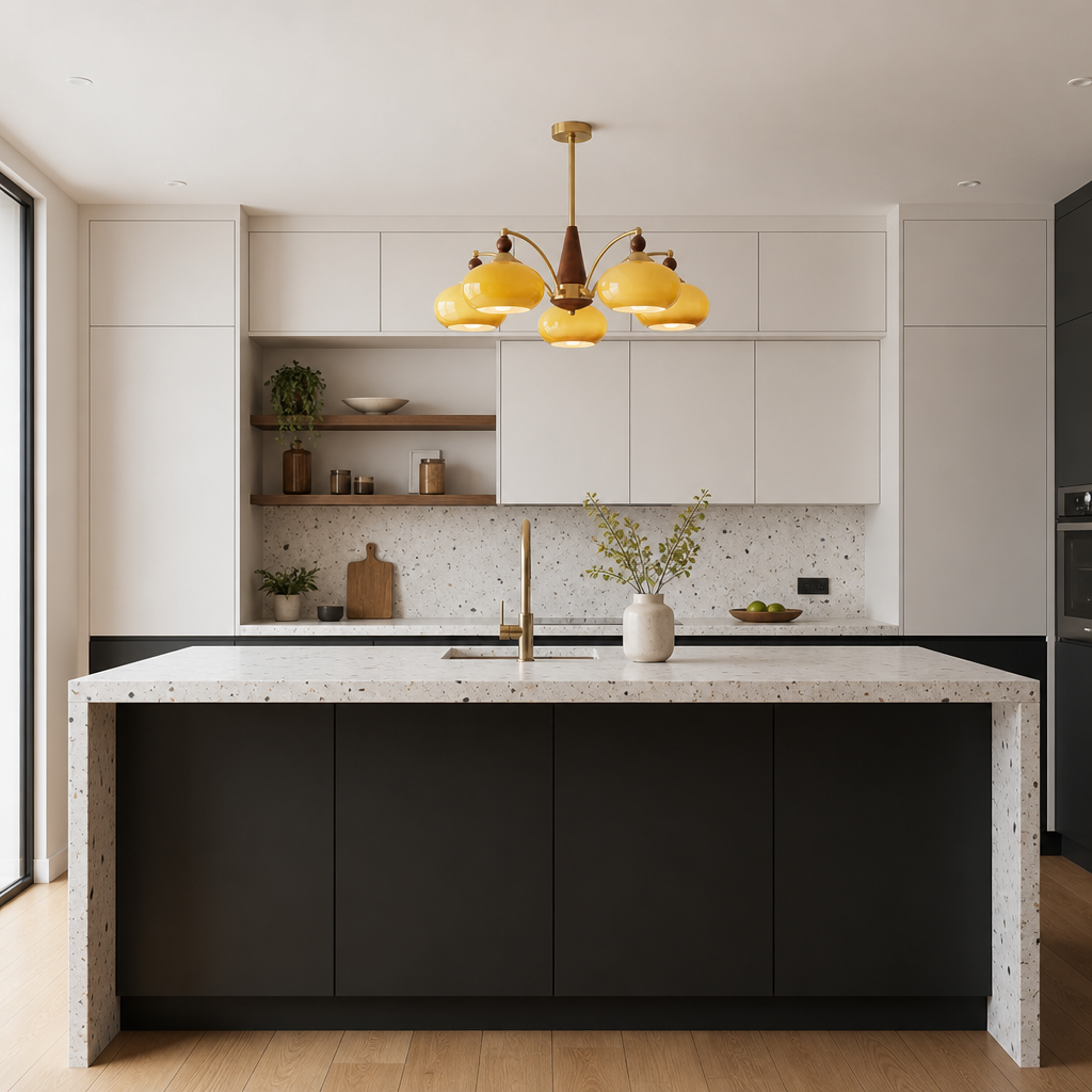 Amber yellow multi-globe pendant light above a modern kitchen island.