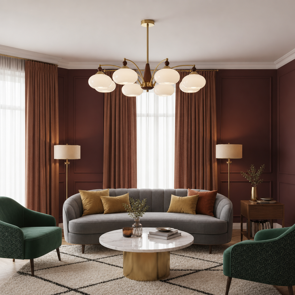 Brass chandelier with six glowing white glass shades in an elegant living room.