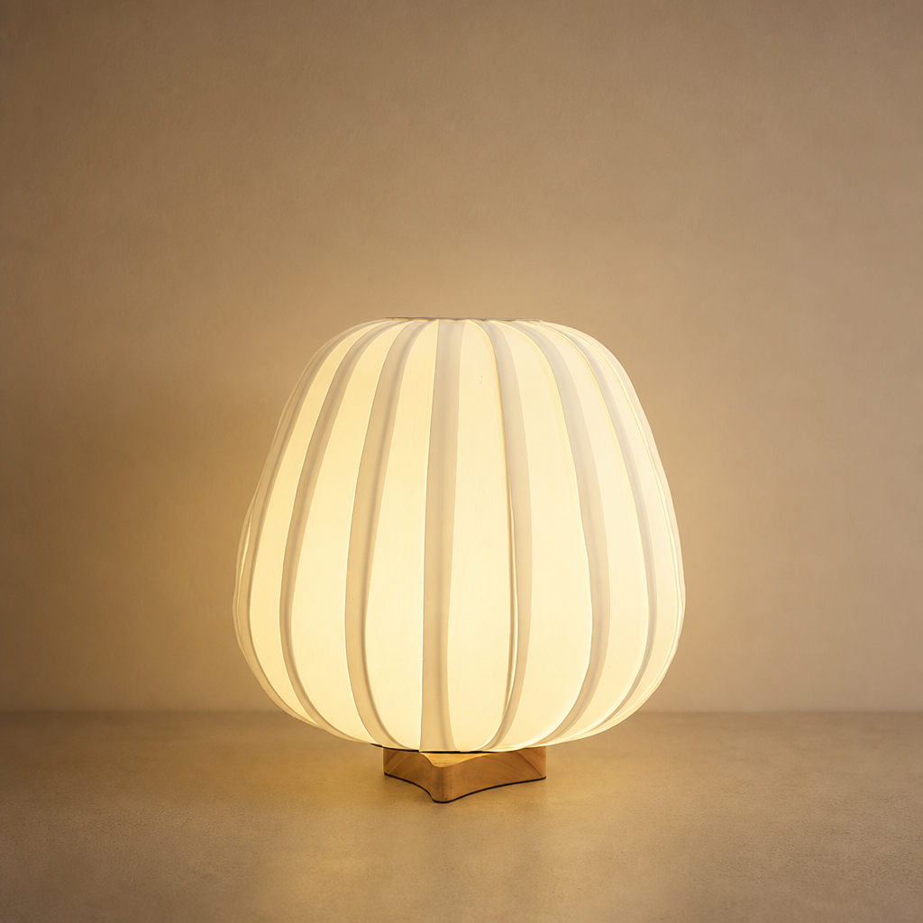 Glowing pleated cream table lamp with a small wooden base on a neutral surface.