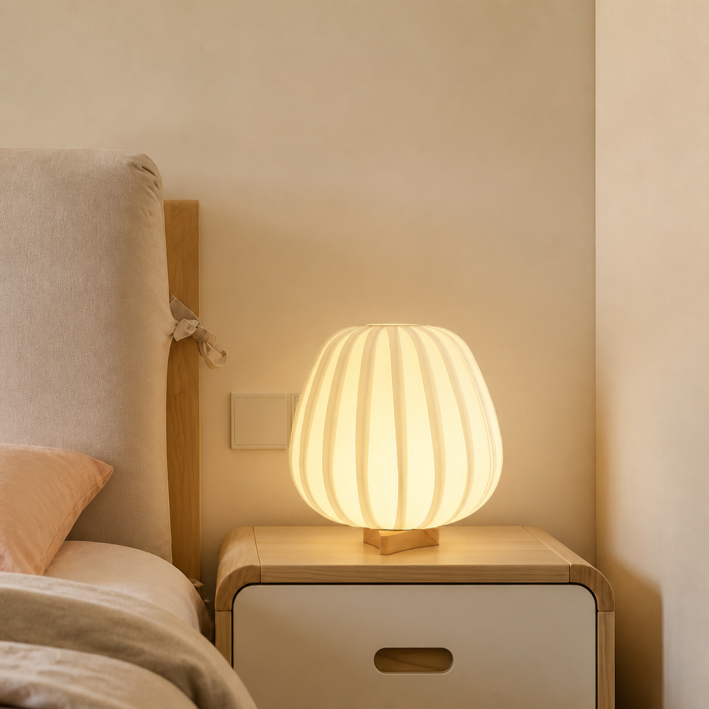 Glowing ribbed cream bedside lamp on a wooden nightstand beside a bed.