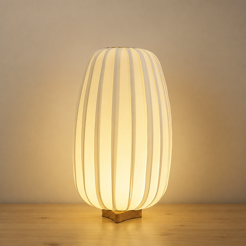 Glowing ribbed cream table lamp with a small wooden base on a neutral tabletop.
