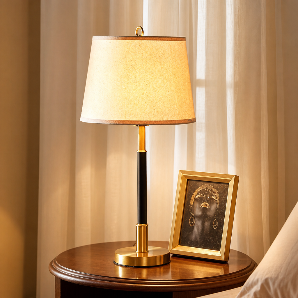 Gold and black table lamp with a glowing cream shade on a wooden bedside table.