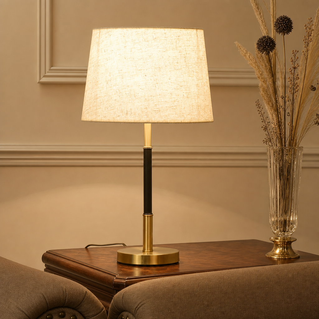 Lit table lamp with cream fabric shade, black and brass stem, and round brass base on a wooden side table.