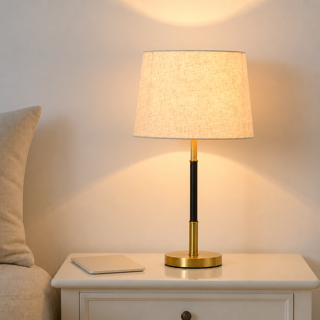 Lit table lamp with beige shade, black and gold stem, and round gold base on a white nightstand.