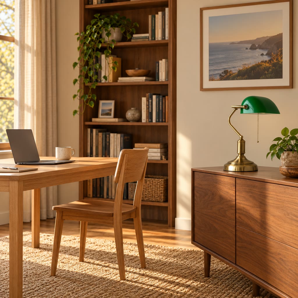 Green banker’s desk lamp in a home office with a regular wooden chair