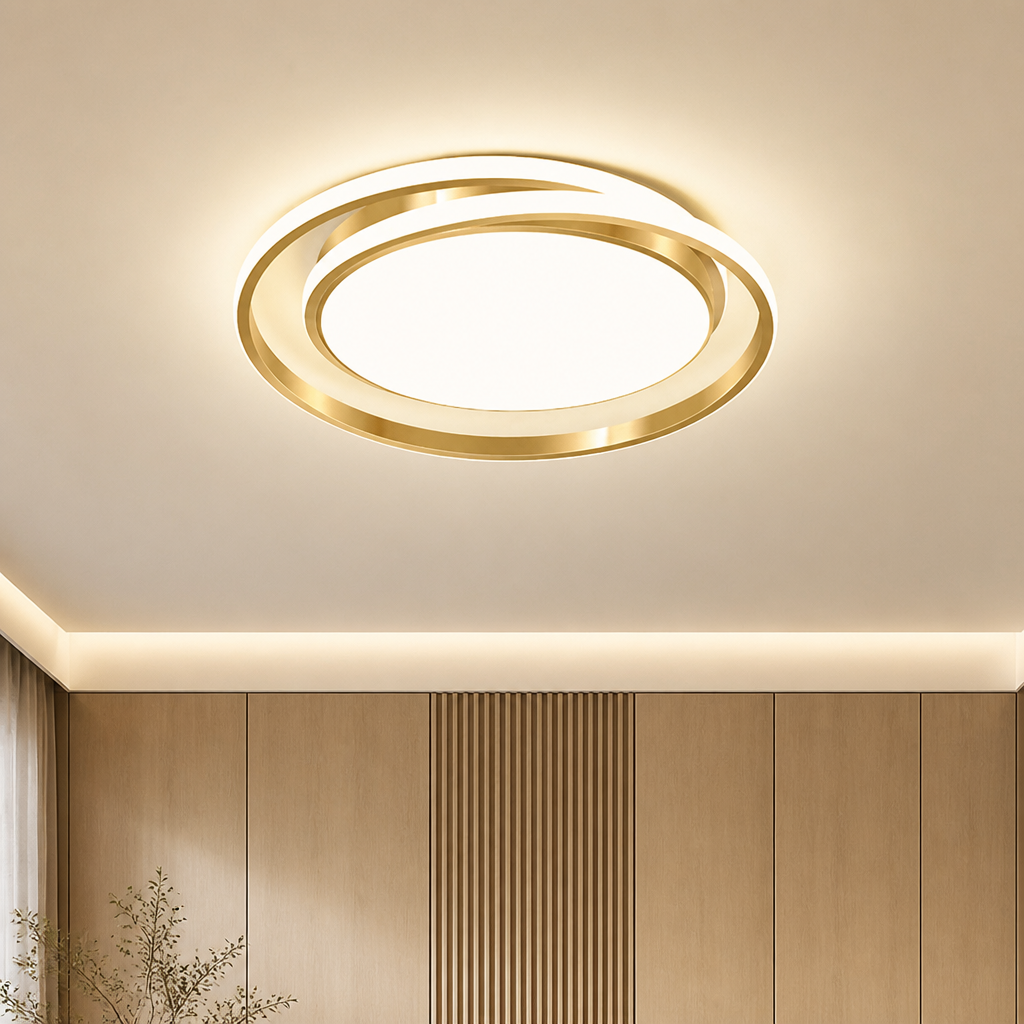 Gold circular ceiling light with glowing rings mounted on a warm modern ceiling.