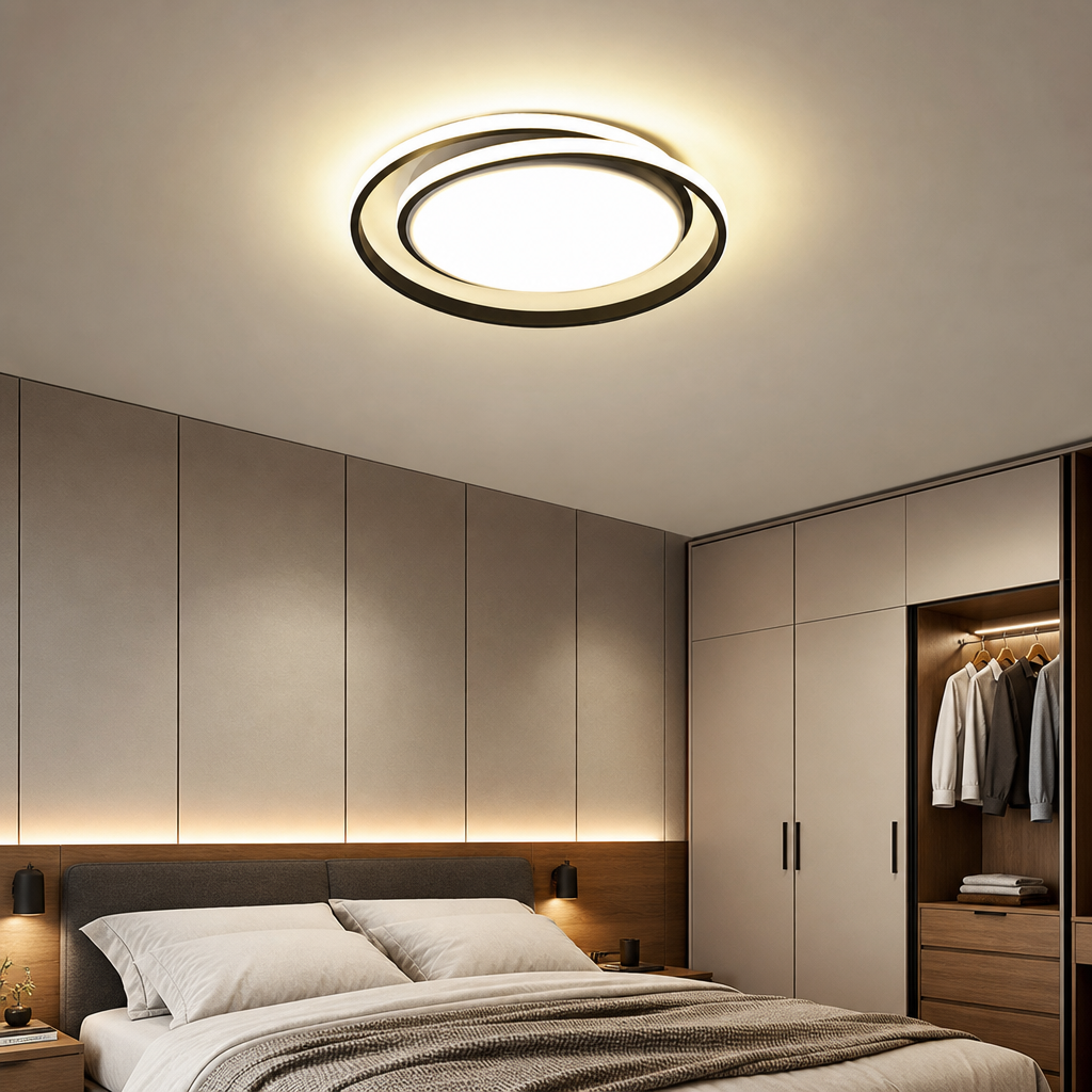 Round black ceiling light glows warmly above a modern bedroom with wardrobes.