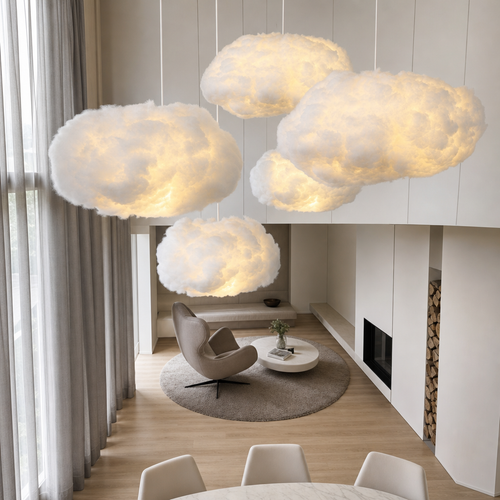 Glowing fluffy cloud pendant lights hanging in a modern living room.