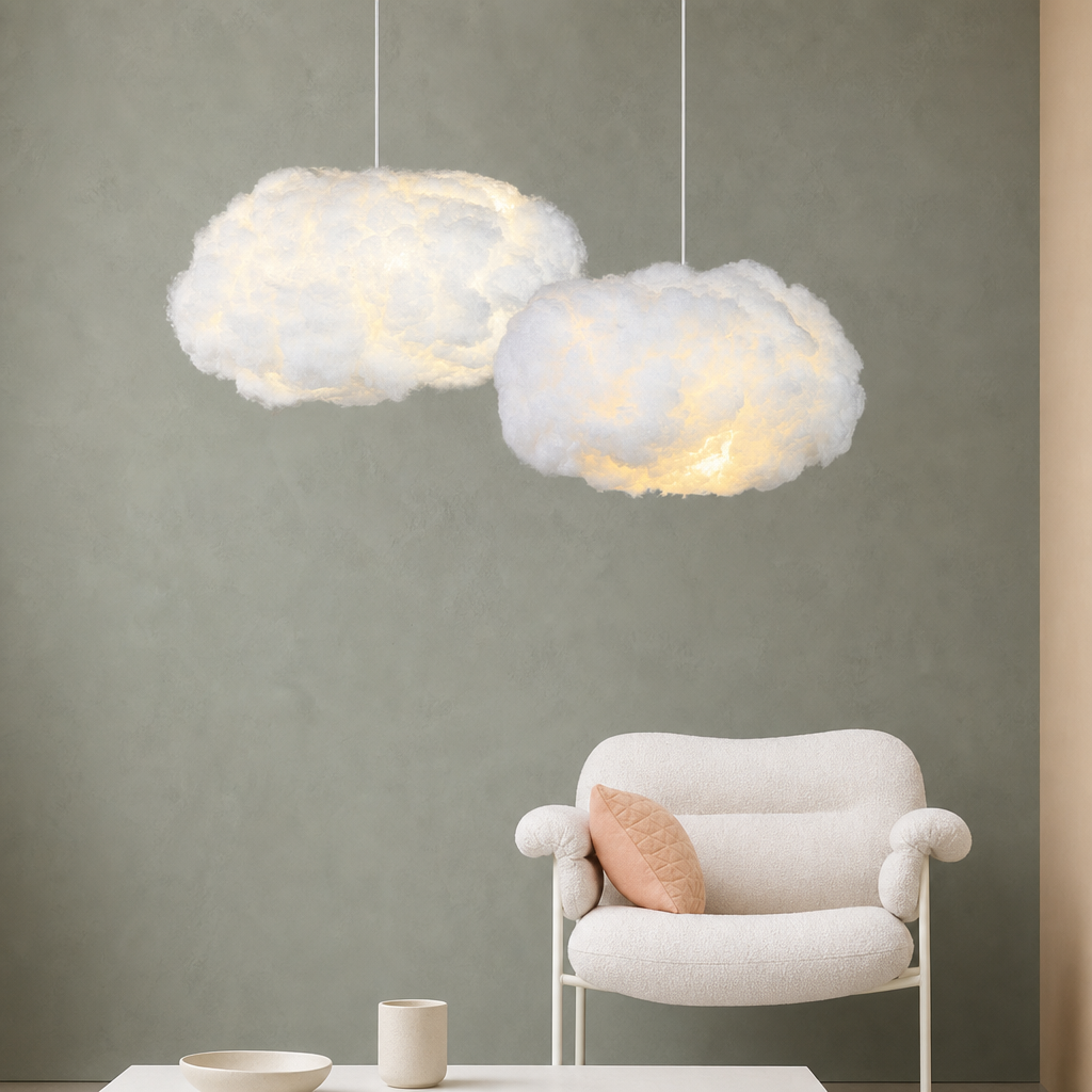Two fluffy white cloud pendant lights glow warmly above a cozy armchair in a minimalist room.
