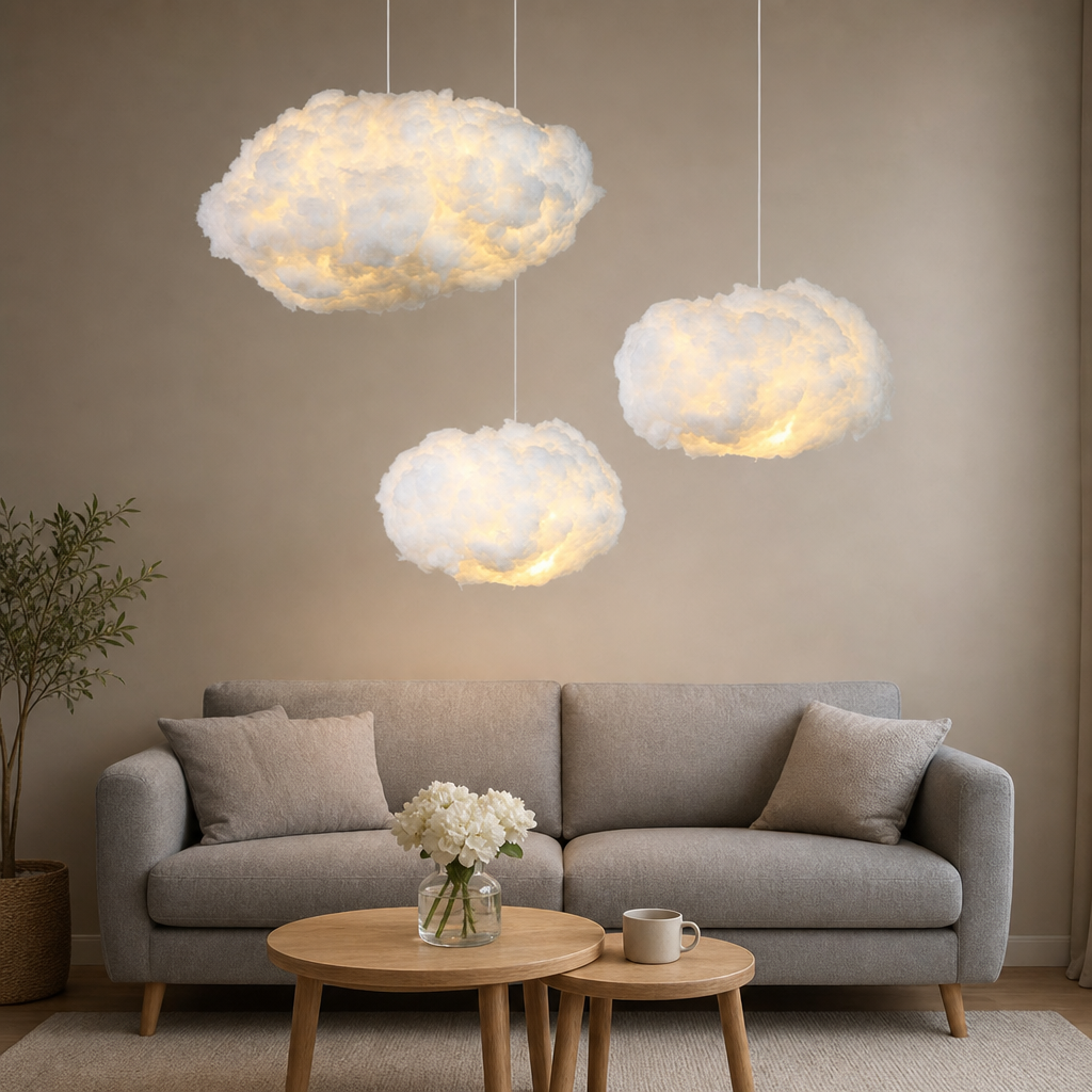 Three fluffy cloud pendant lights glow above a gray sofa with pillows and small tables.