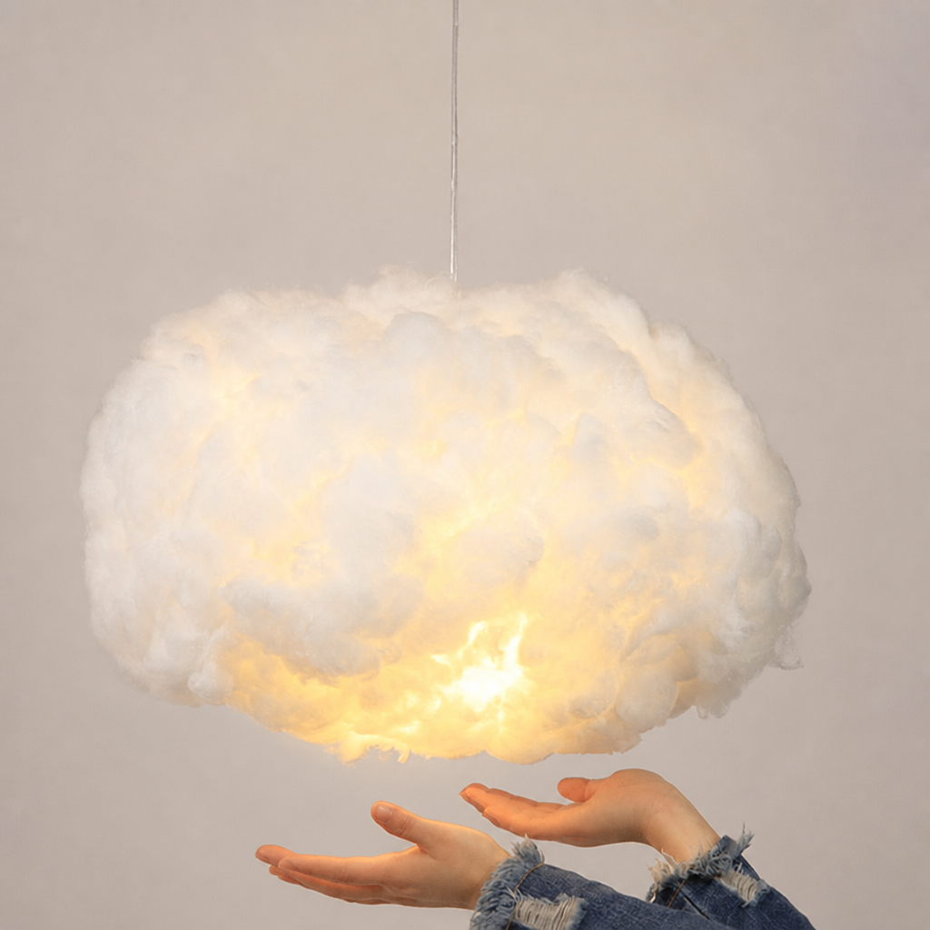 Glowing cloud-shaped pendant lamp above outstretched hands against a pale gray wall.