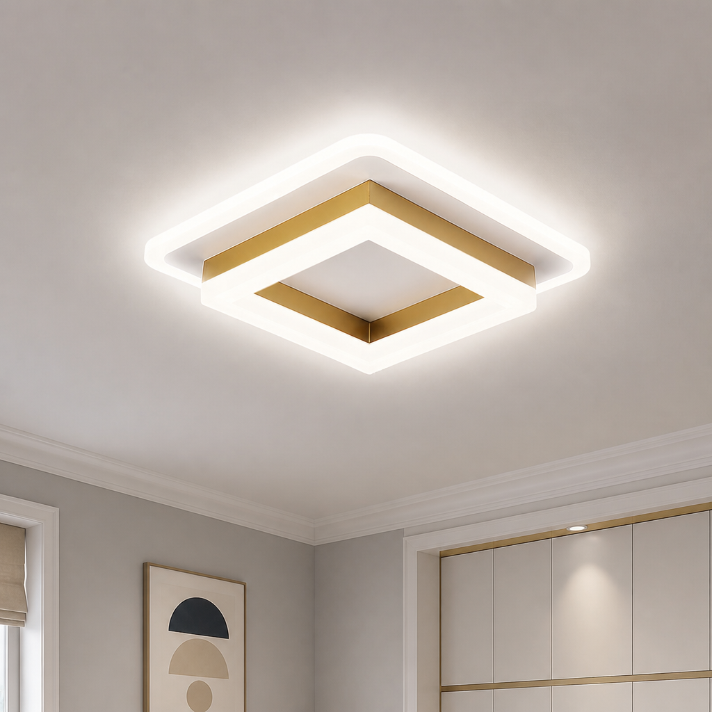 Square white and gold LED ceiling light fixture glowing in a modern room.