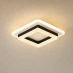 Square modern ceiling light with warm glow, white layered frame, and black geometric trim.