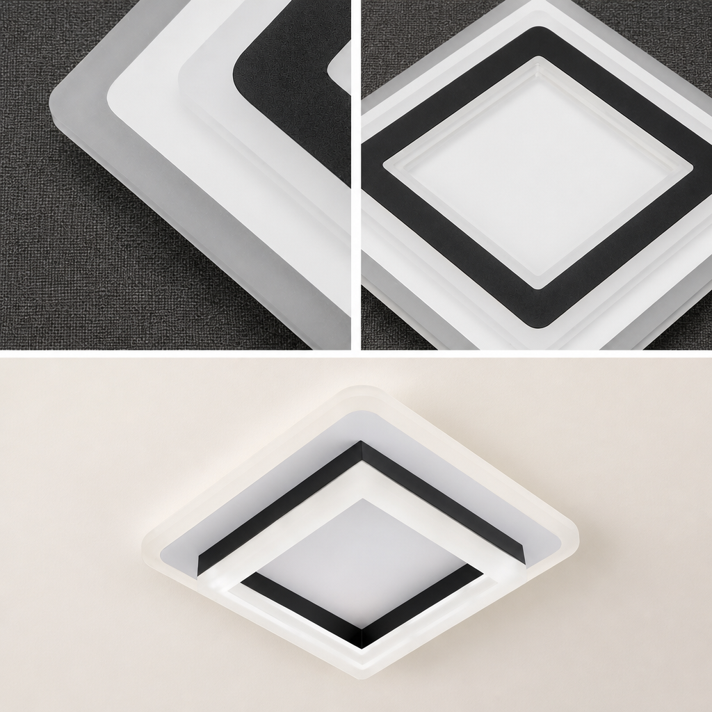 Square white and black acrylic ceiling light fixture with layered diffuser panels.