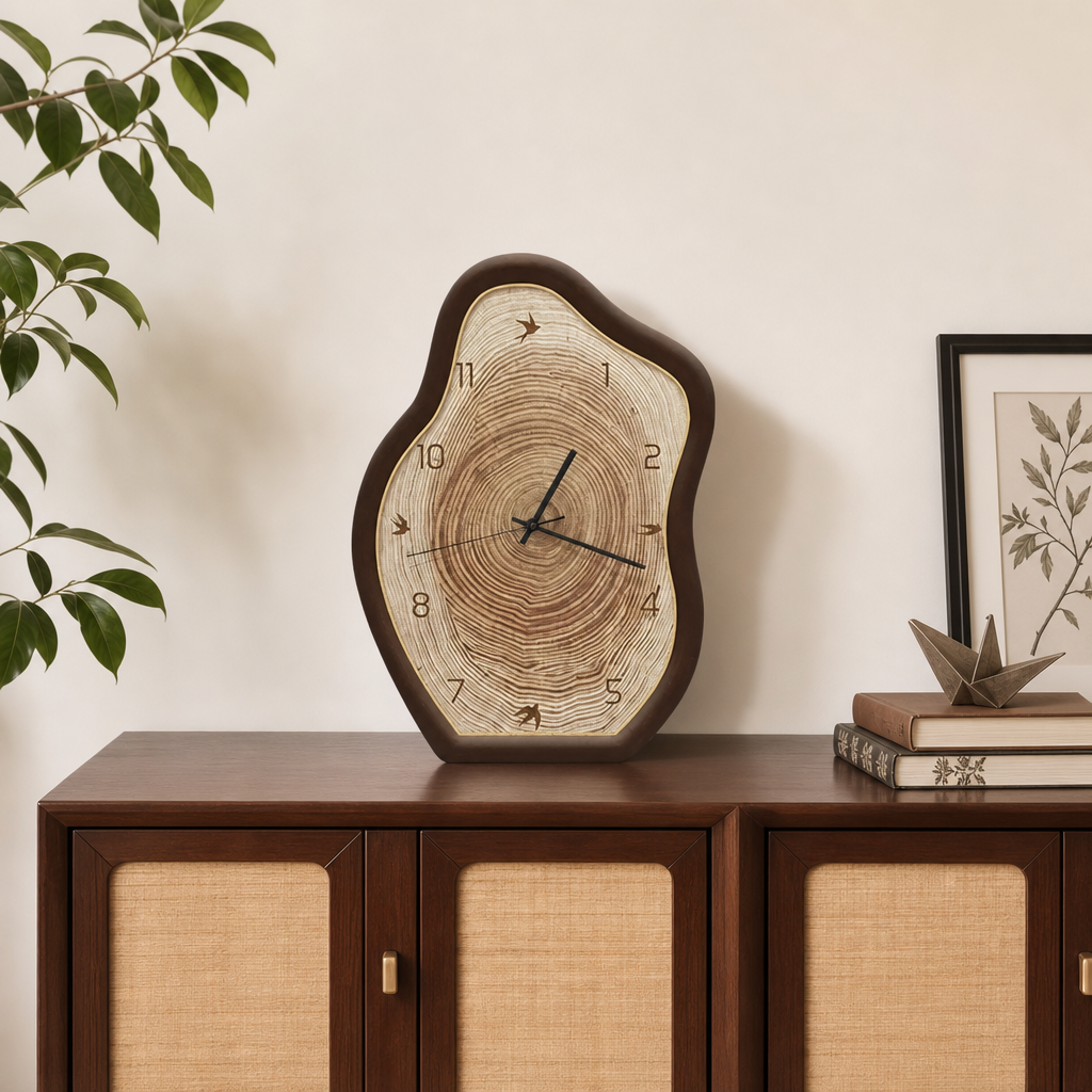 Irregular wood-grain tabletop clock with dark brown frame on a wooden cabinet.