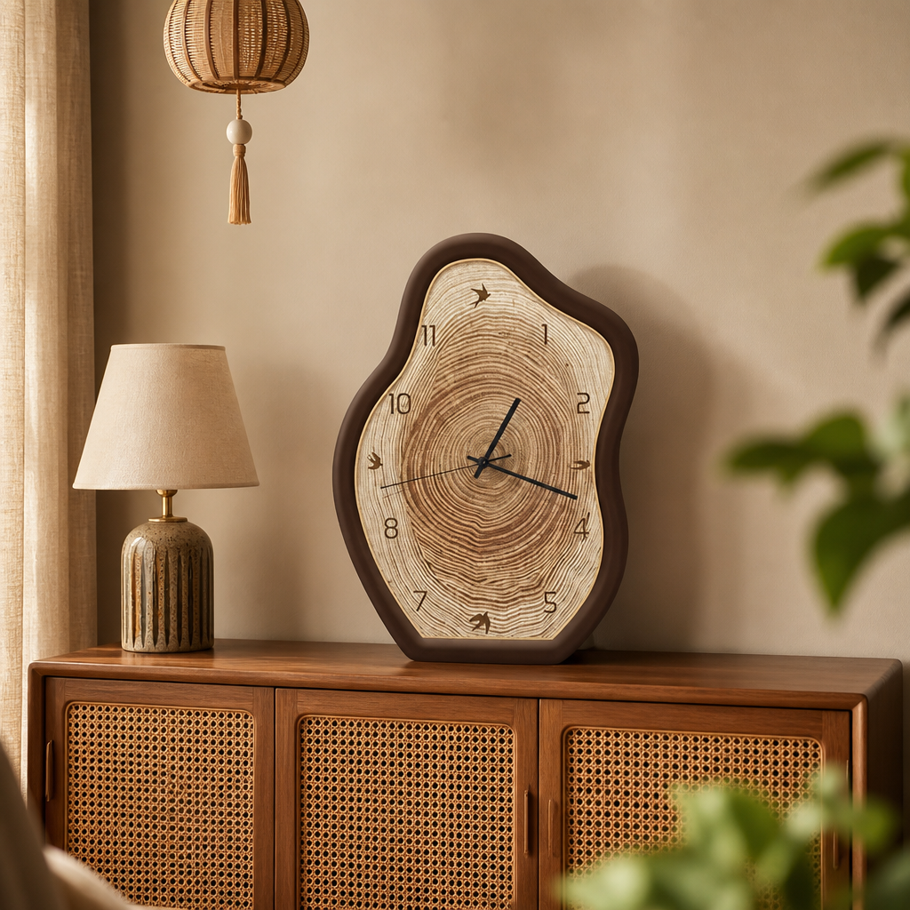 Wavy wood-grain table clock with dark frame on a rattan cabinet.
