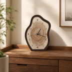 Wood slice table clock with dark bark edge on a wooden cabinet.